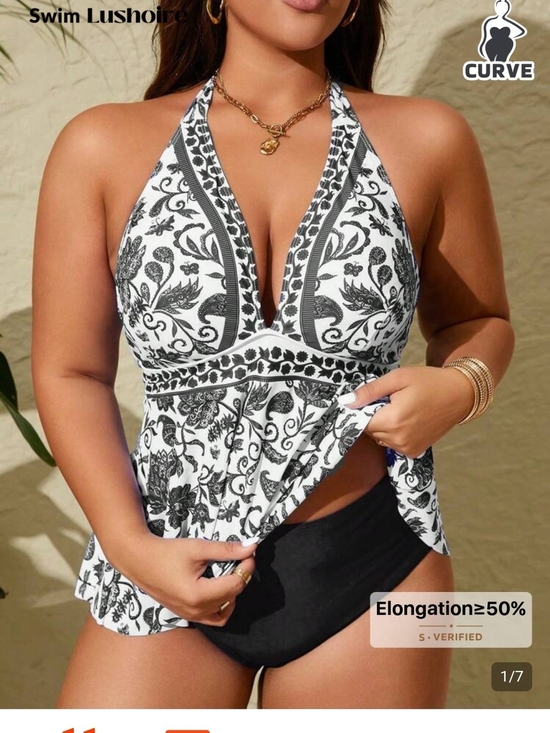 SHEIN Other - SHEIN Black and White Floral Halter Tankini Swim Top